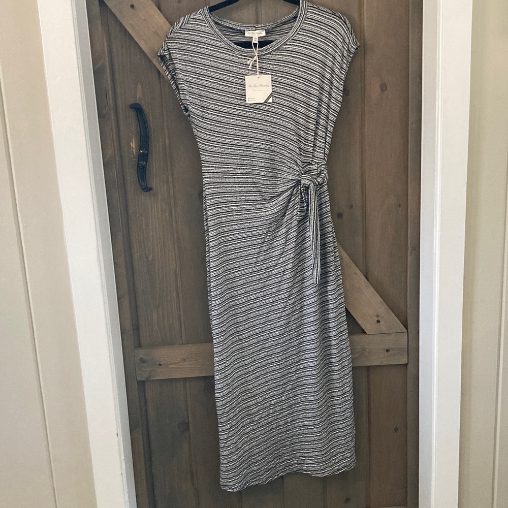 See You Monday Gray & White Striped Tie-Waist Midi Dress